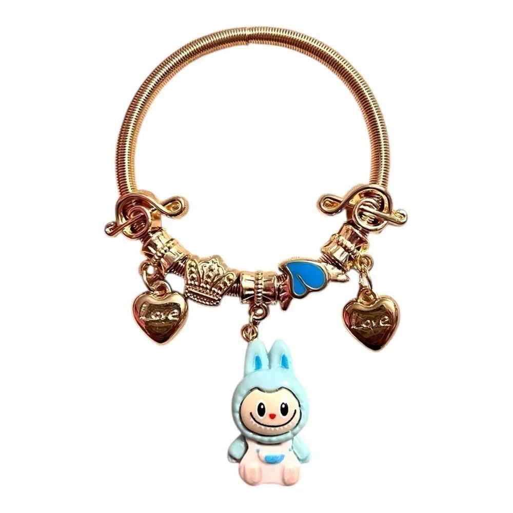 🤯5/$25🤯 Stretchy Blue Labubu Love Heart Crown Note Gold Child’s Charm Bracelet